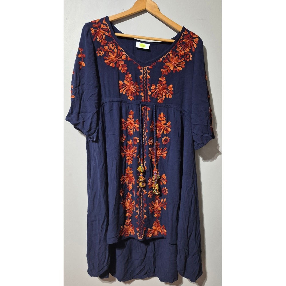 Solito Navy Blue Embroidered Boho Tunic Dress High Low Tassel Empire Waist L